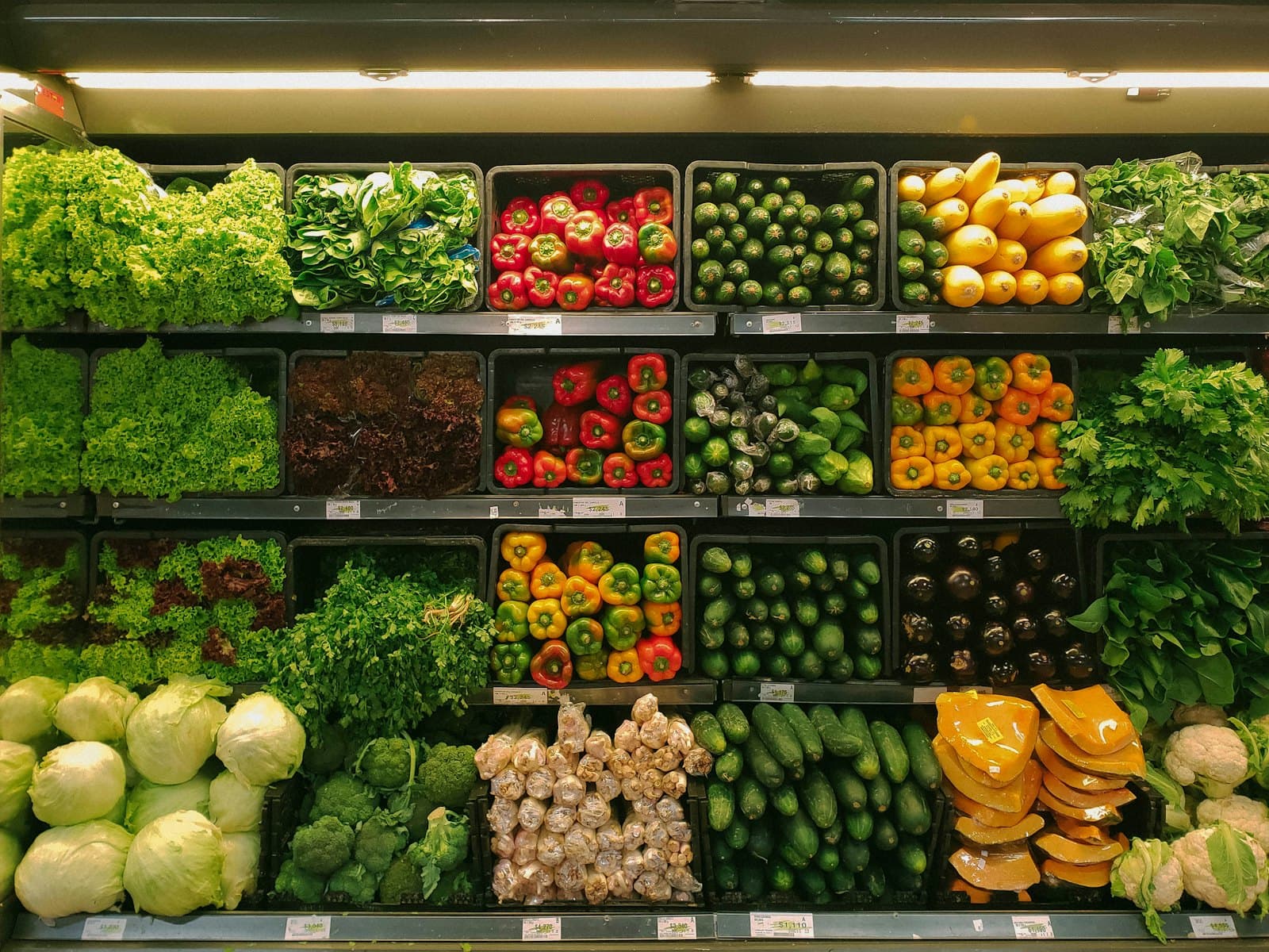 A supermarket produce wall stocked with greens, peppers, squash and root vegetables.